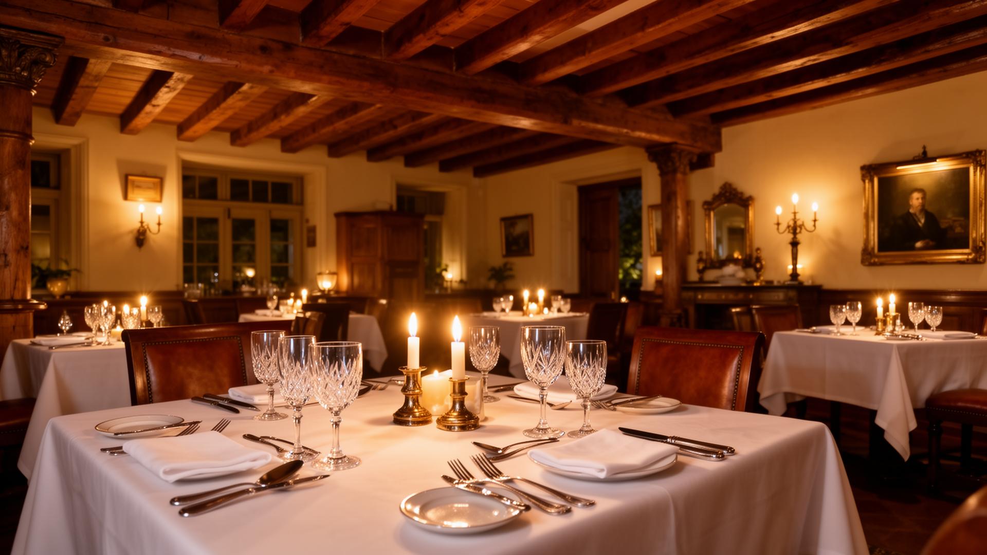 Candlelit fine dining table set with crystal glassware in the timber-beamed dining room at Pedro Barn Hotel